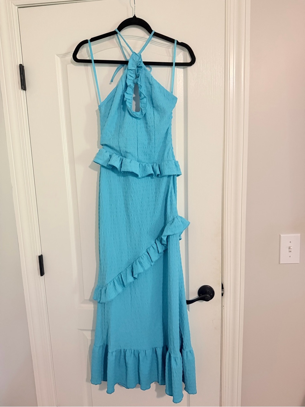 Turquoise Ruffle Halter Maxi Dress